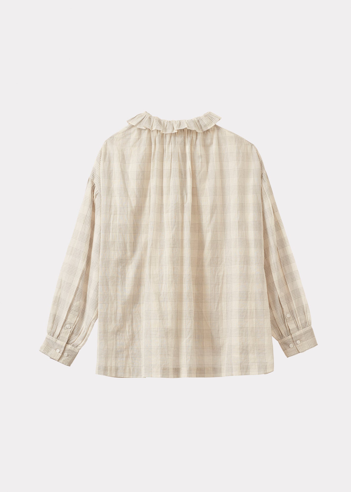 WOMEN'S FRILL COLLAR COTTON BLOUSE - ECRU / GREY CHECK