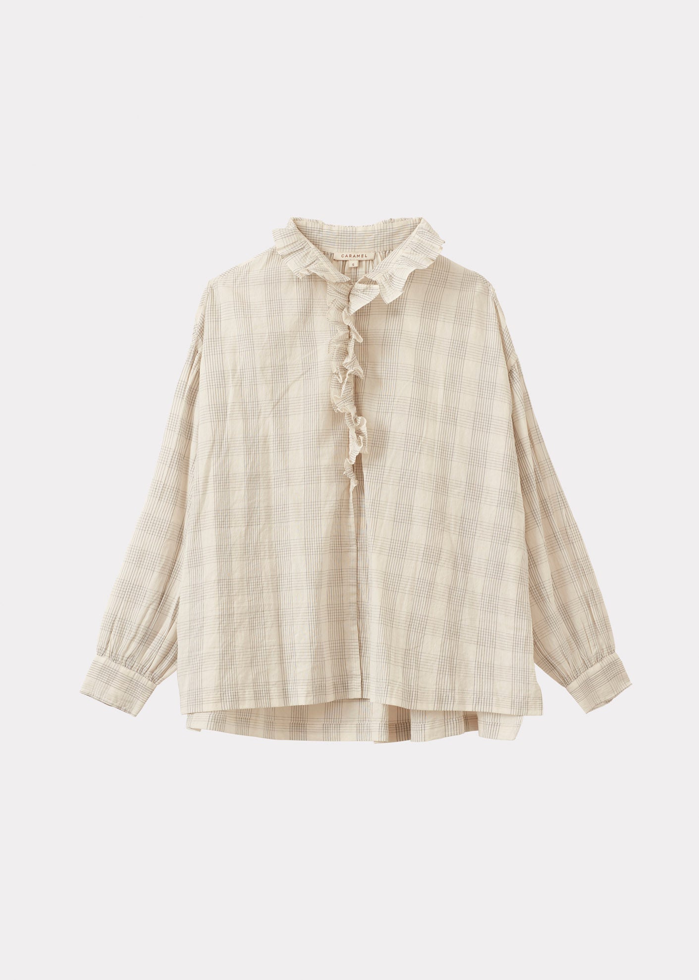 WOMEN'S FRILL COLLAR COTTON BLOUSE - ECRU / GREY CHECK