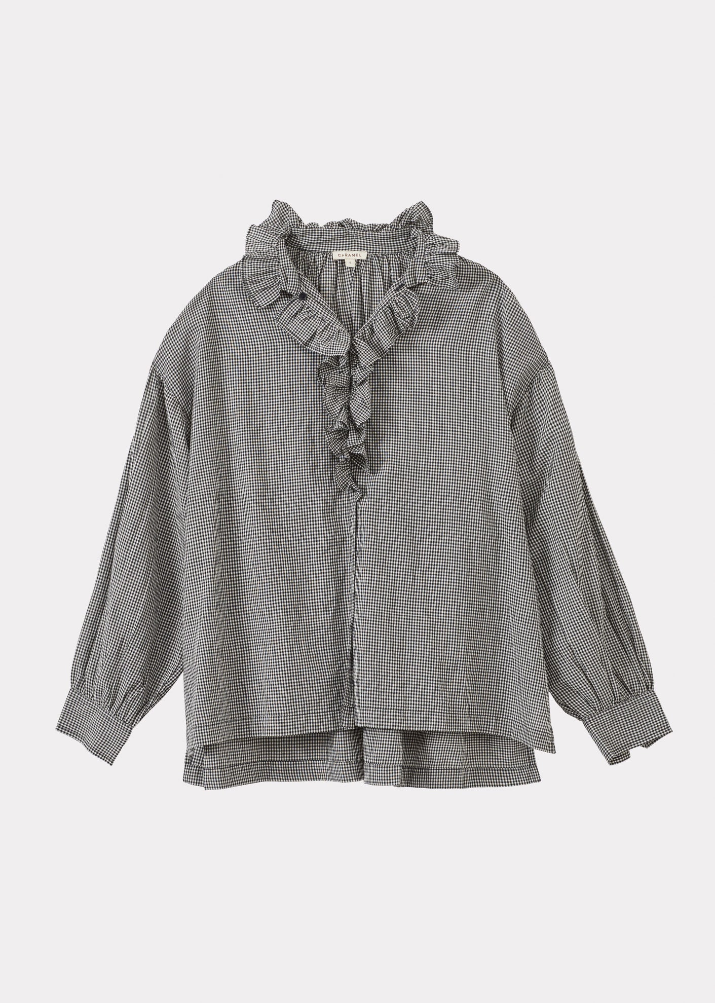 WOMEN'S COTTON FRILL BLOUSE - BLACK/WHITE CHECK