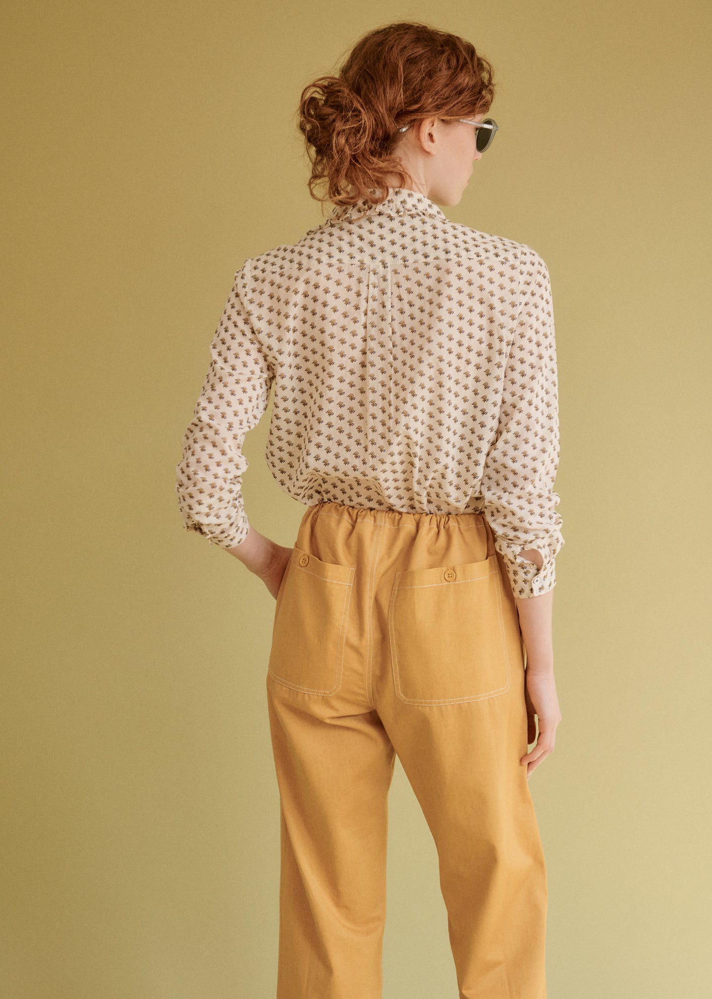 CARAMEL RUFFLE SHIRT - POSEY DOT PRINT