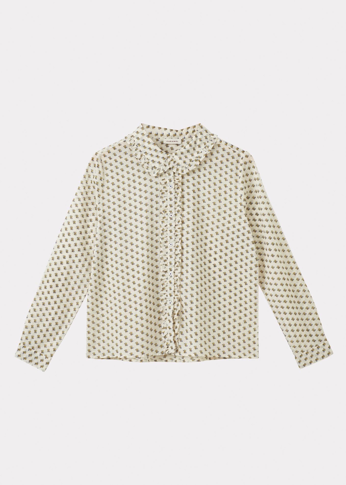 CARAMEL RUFFLE SHIRT - POSEY DOT PRINT