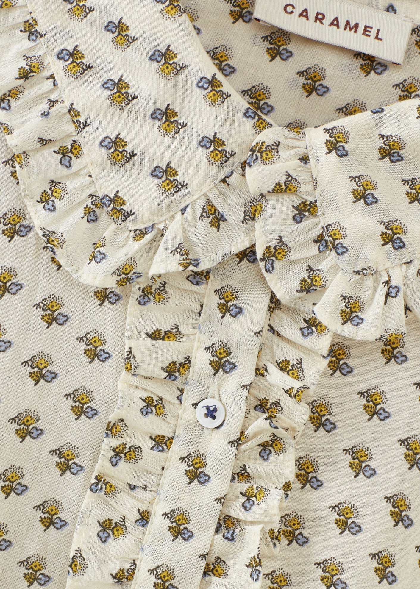 CARAMEL RUFFLE SHIRT - POSEY DOT PRINT
